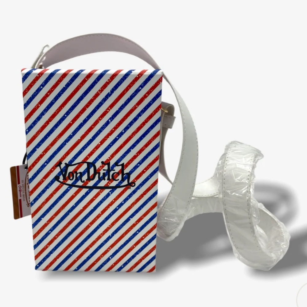 NWT Von Dutch Barbershop Striped Box Shoulder/Crossbody Bag White Red Blue